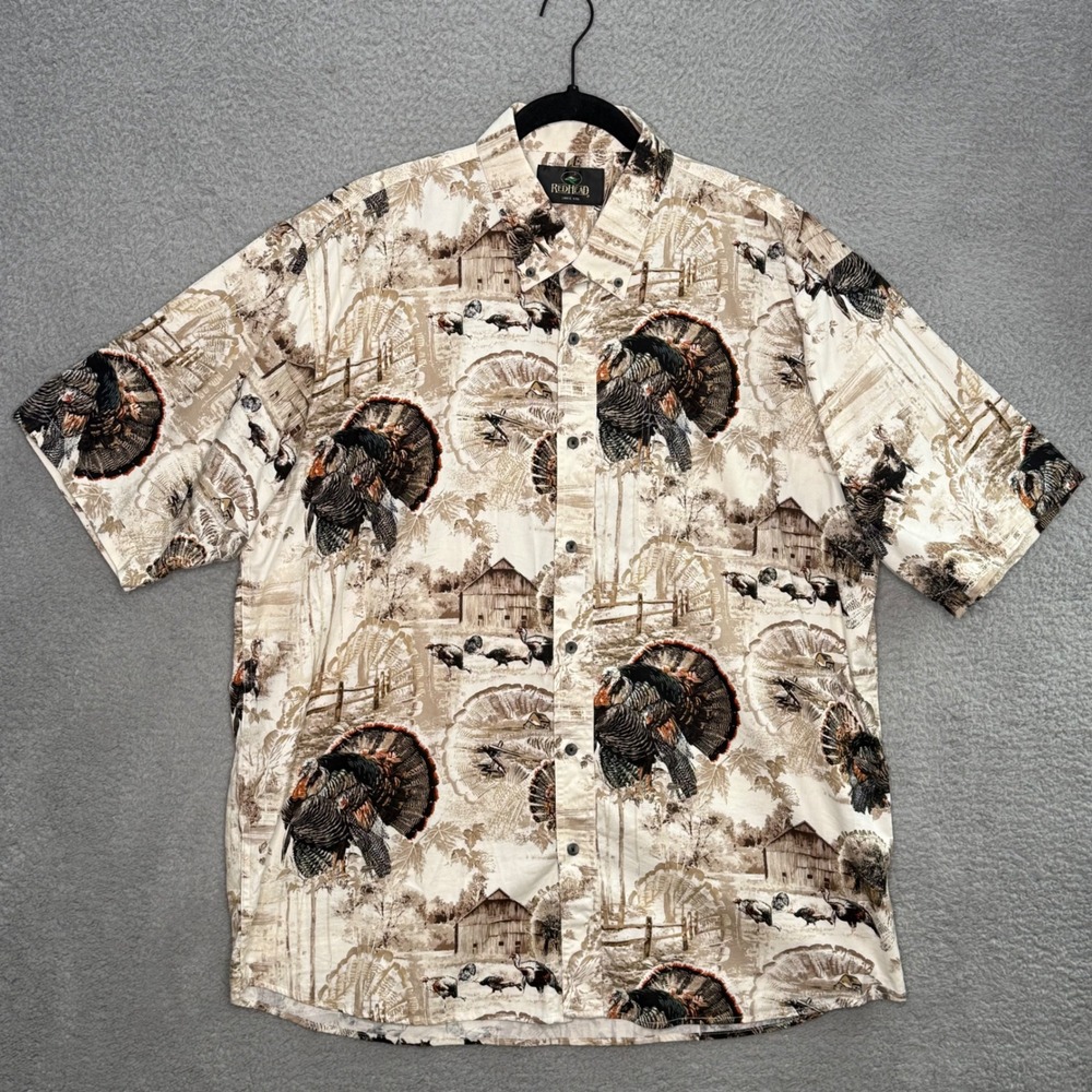 RedHead Mens XL Turkey Wildlife Barn Print Cotton Short Sleeve Button Down Shirt